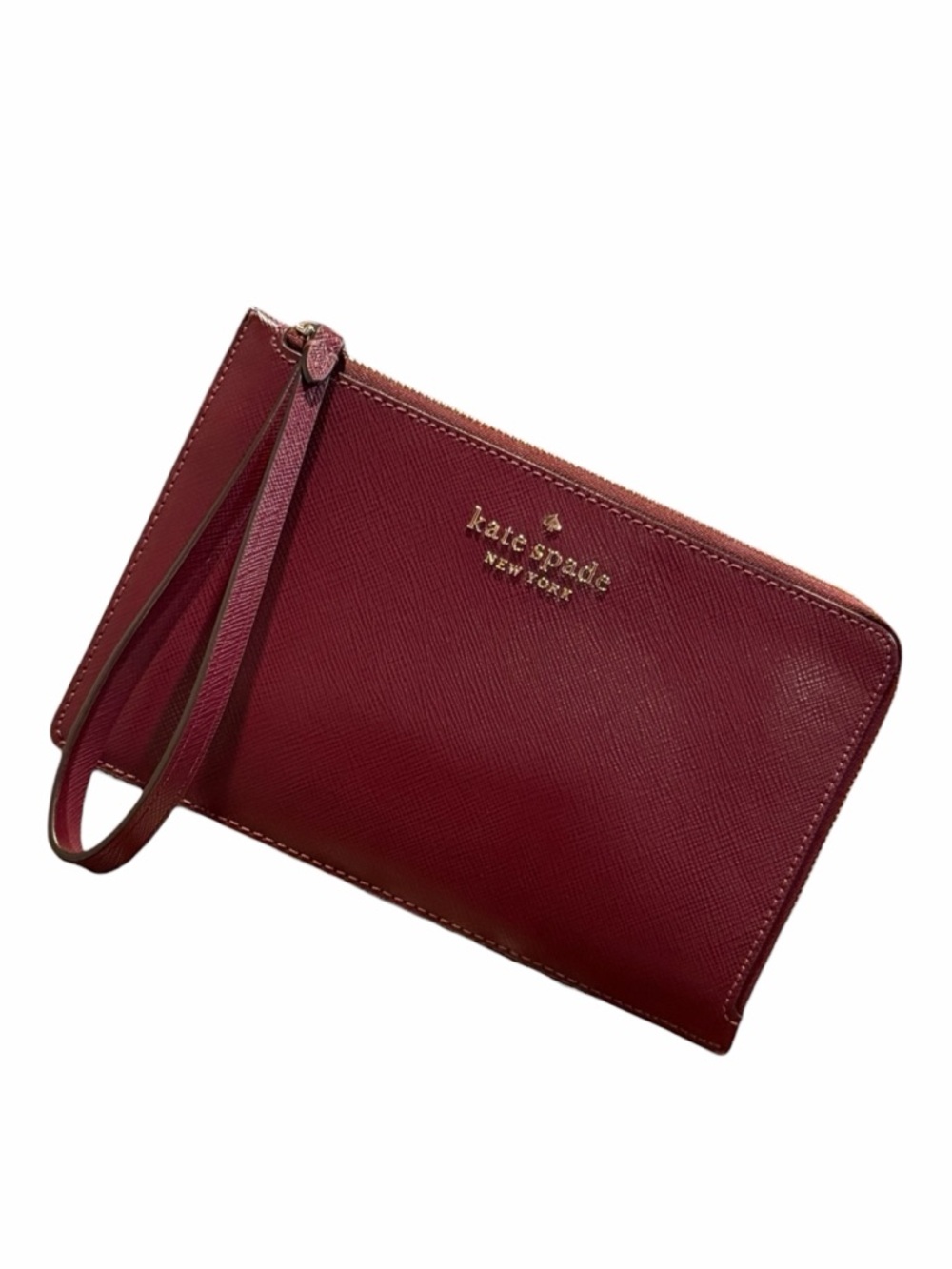 kate spade New York Wine Red Wristlet Clutch Gold Logo